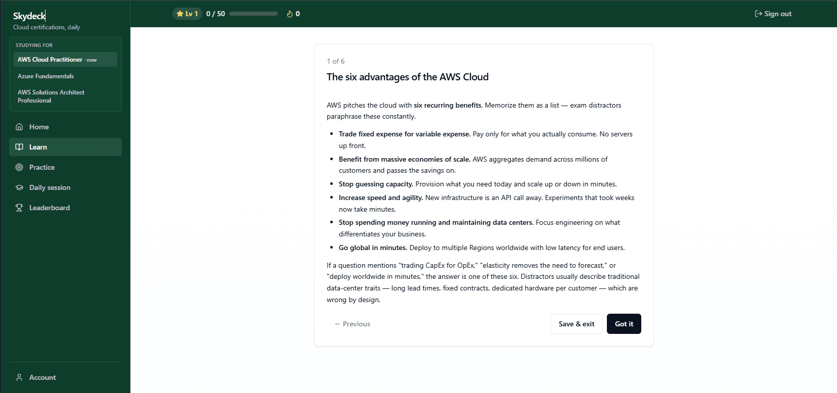 Learn surface showing a study card with markdown content and a domain progress sidebar