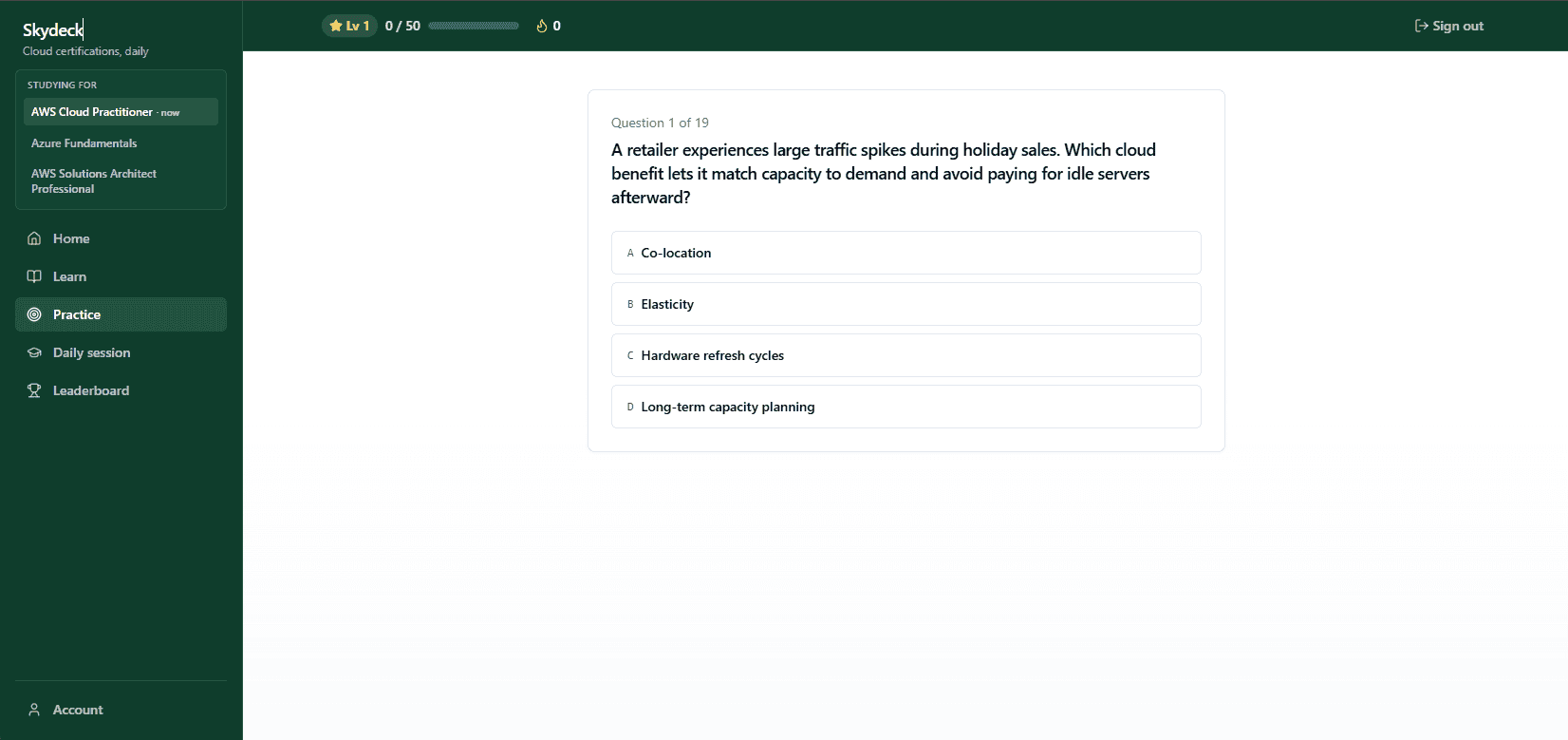 Practice surface showing a question with selectable answers and a per-domain accuracy panel
